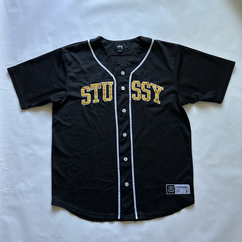 Vintage Stussy Y2K collegiate spellout mesh baseball jersey large